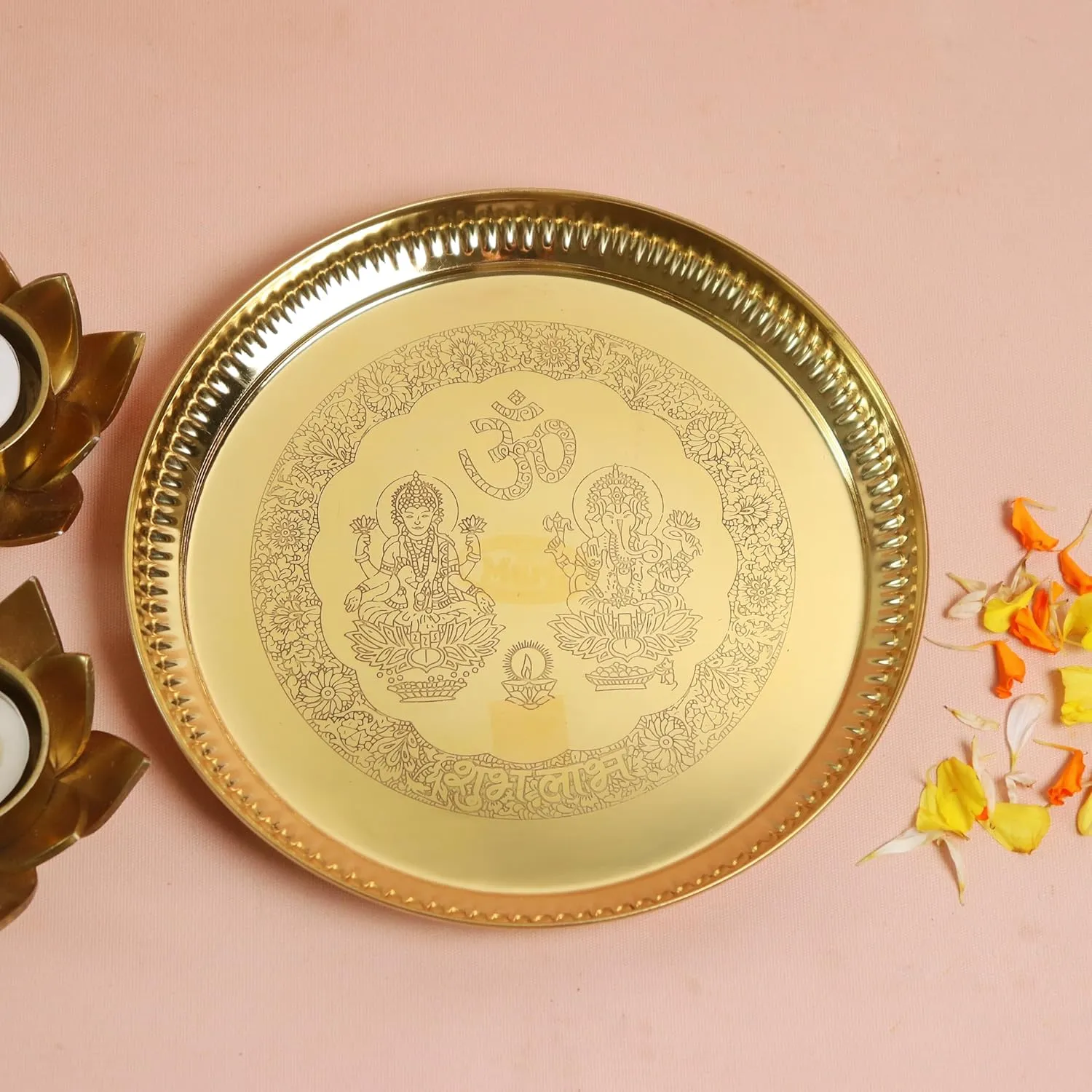 The Spiritual Living Pooja Plate Brass | 8 Inch | Laxmi Ganesh Thali